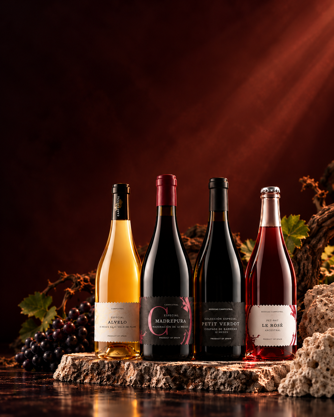 Vinos naturales Campestral: Alvelo, MadrePura, Petit Verdot y Le Rosé con uvas y sarmientos